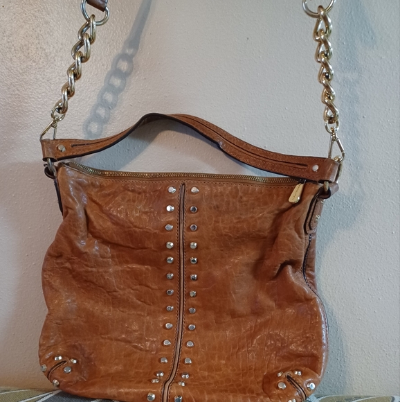 MICHAEL KORS Uptown Astor Tote Studded Cognac Brown Leather Large Hobo Bag 13" - Picture 2 of 16